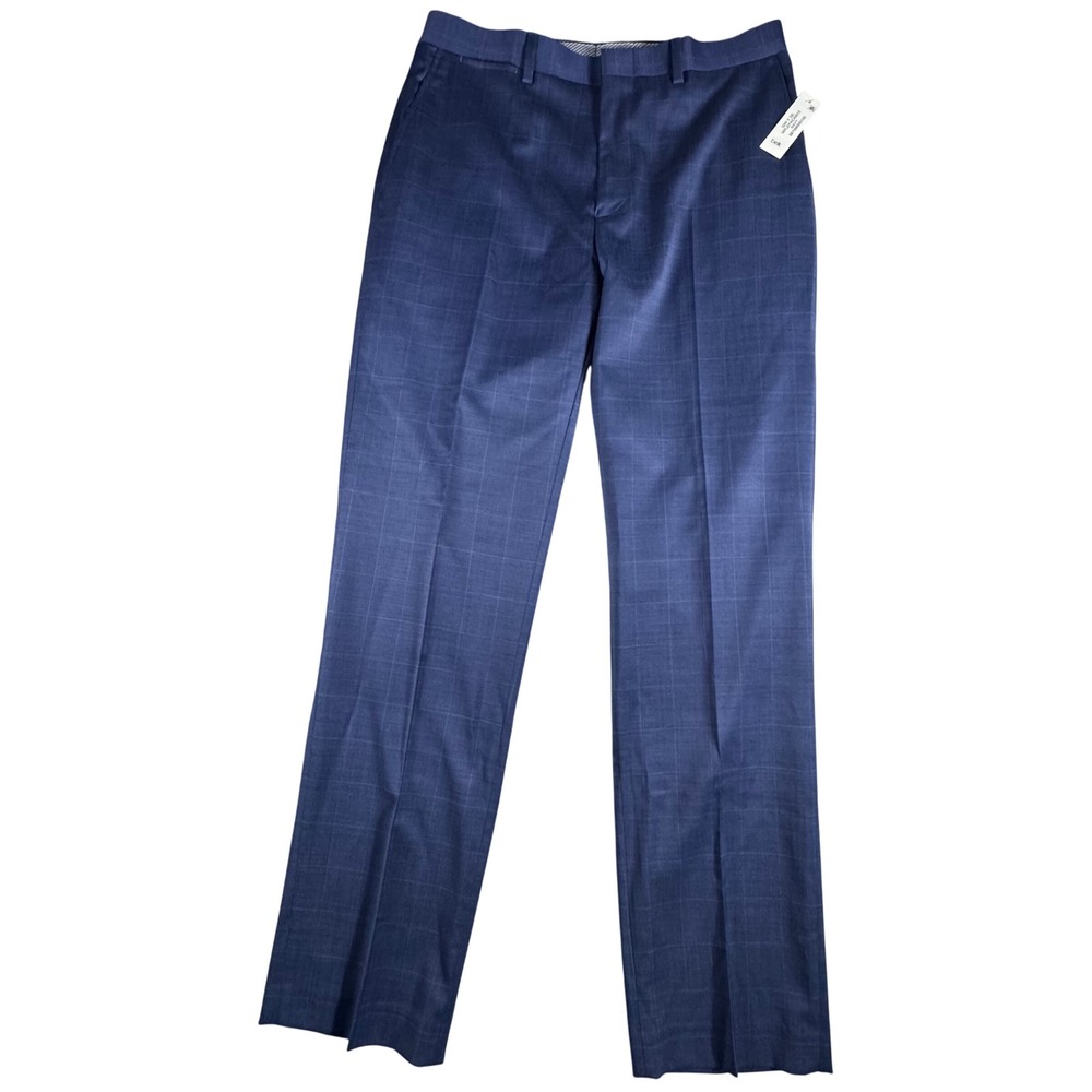 Crown & Ivy Dress Pants Mens 32x32 Navy NWT Windowpane Plaid Wool Blend Stretch
